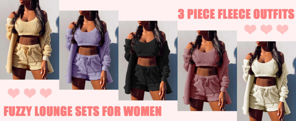 Women's Fuzzy Pajamas 3 Piece Outfit Set Sherpa Outwear and Spaghetti Strap Crop Top Shorts Set